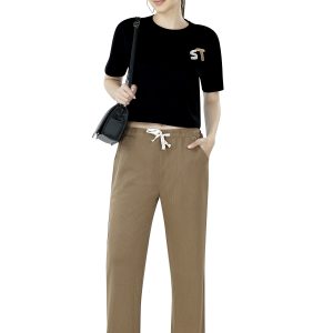 Alies women ribbed taupe lounge track pant with drawstring waist