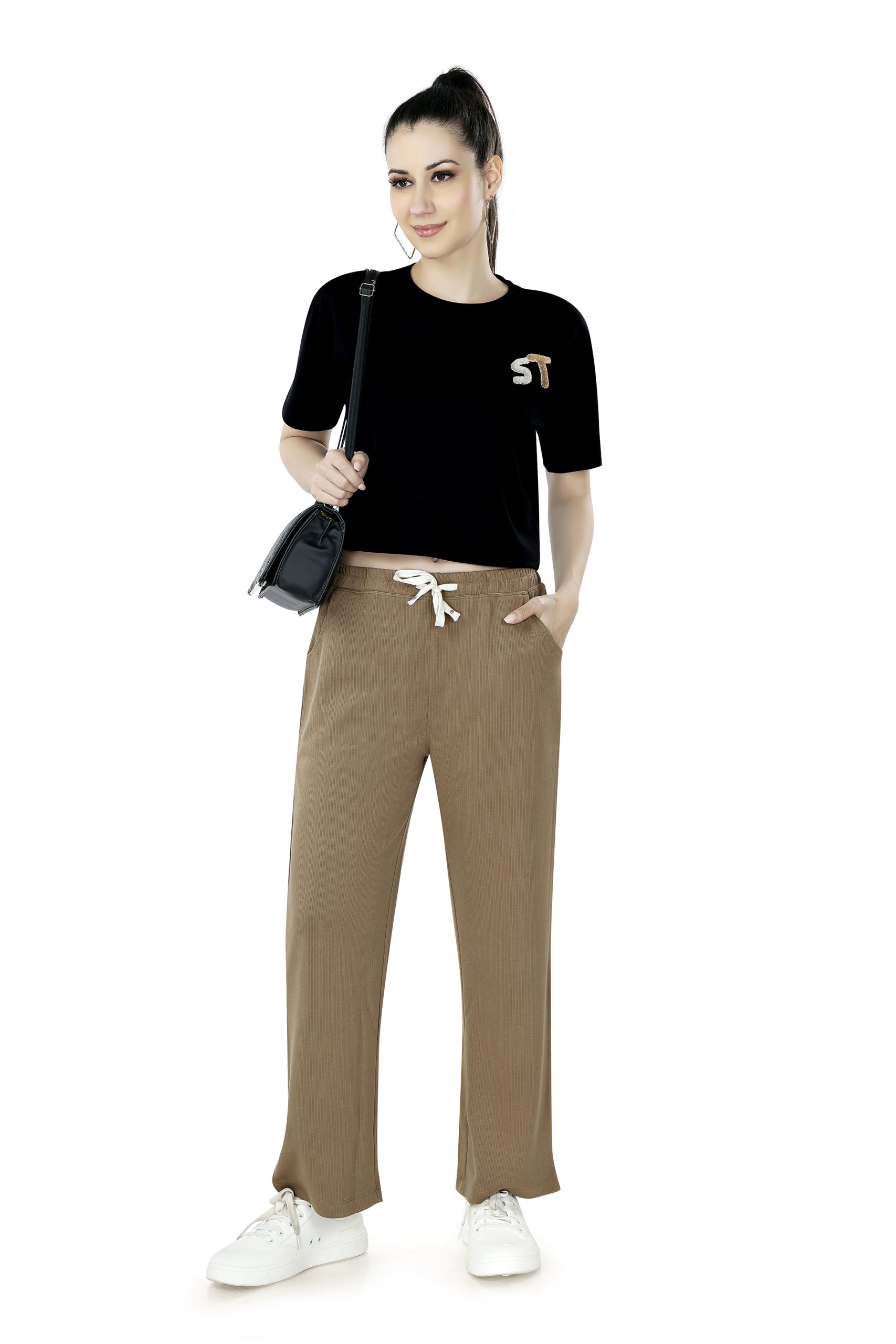 Alies women ribbed taupe lounge track pant with drawstring waist